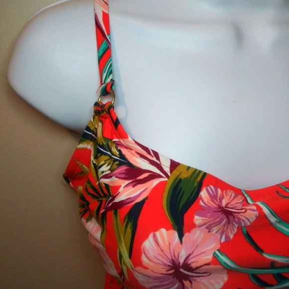Kona Sol Coral & Multi Floral Hawaiian Print One Piece Ladder Back Swimsuit - Picture 4 of 13